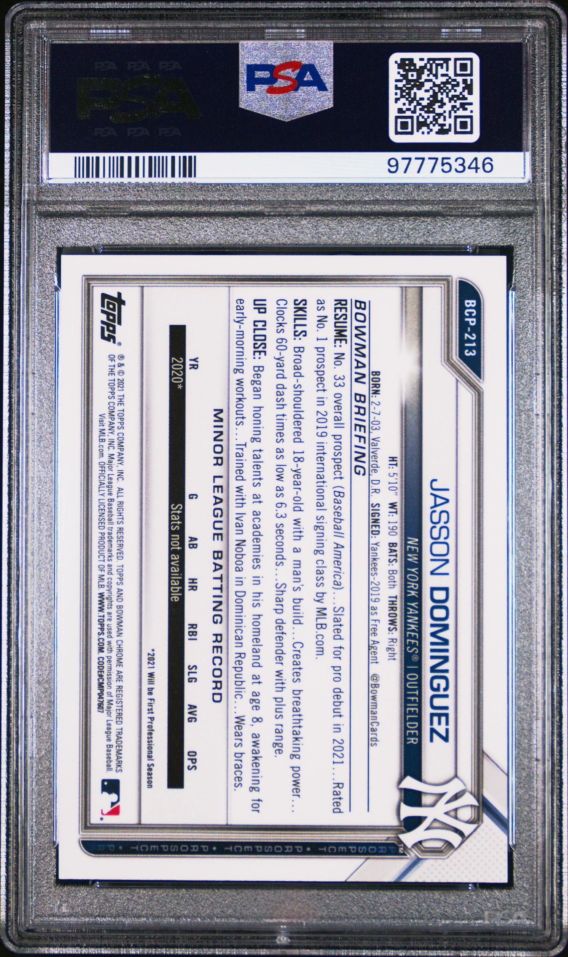 Jasson Dominguez 2021 Bowman Chrome X Green Refractor #'D 12/31 PSA 10
