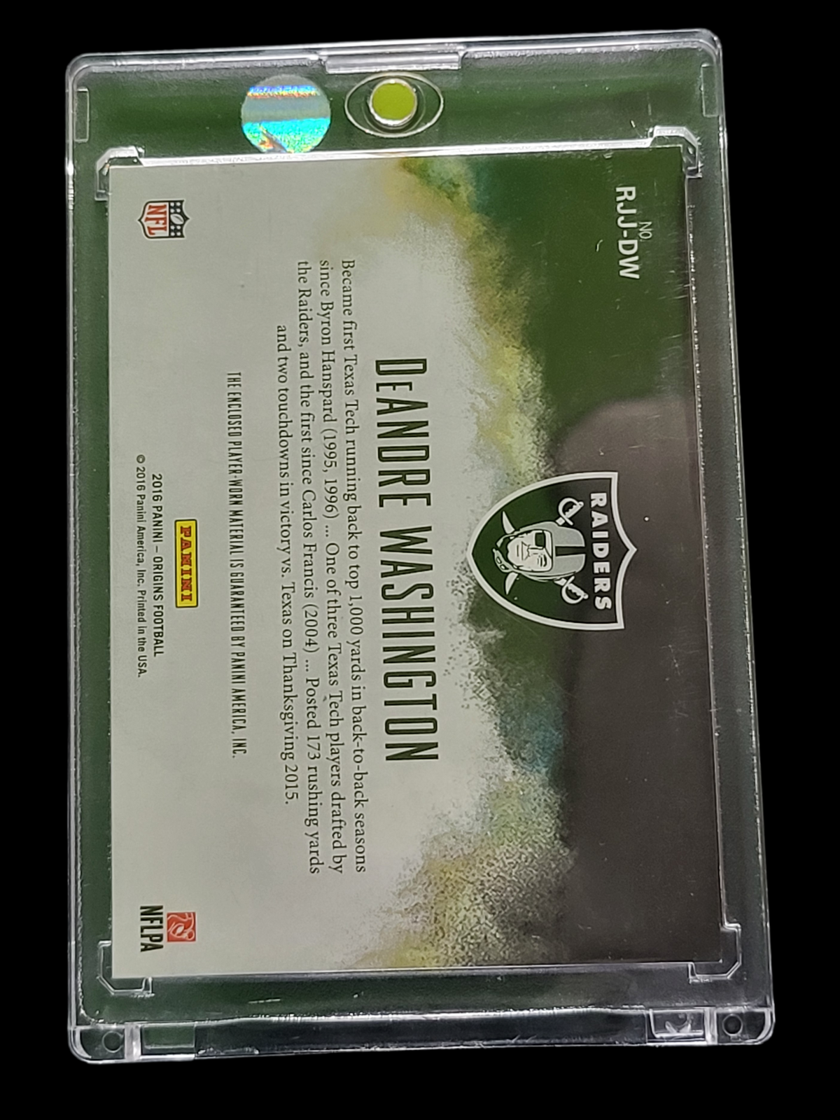 2016 Panini Deandre Washington #Rjj-Dw One Of One Player-Worn Shield Patch Rc