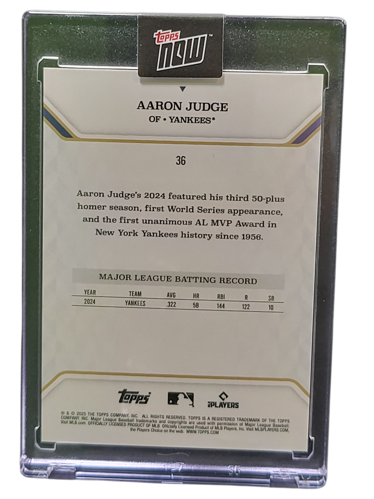 2025 Topps Topps Now Aaron Judge #36 Gold 18/25