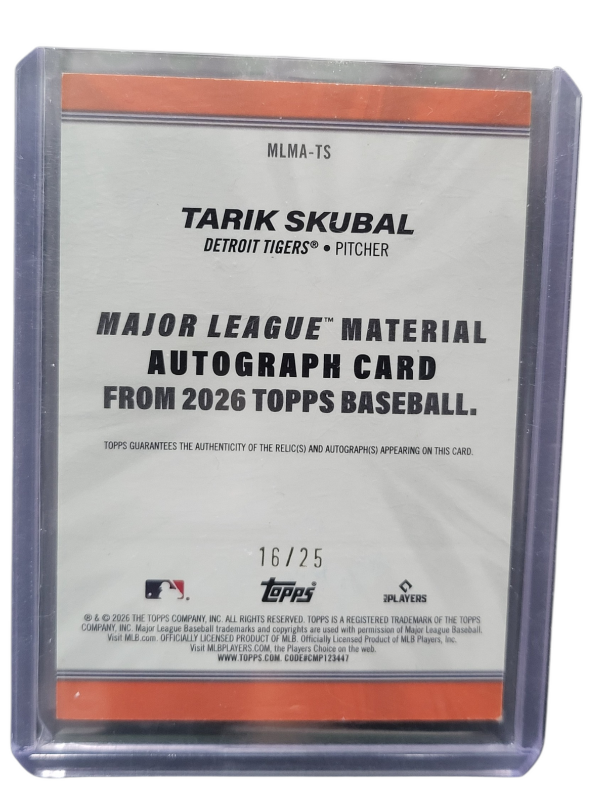 2026 Topps Baseball Tarik Skubal #Mlma-Ts Relic Game-Used Memorabilia 16/25