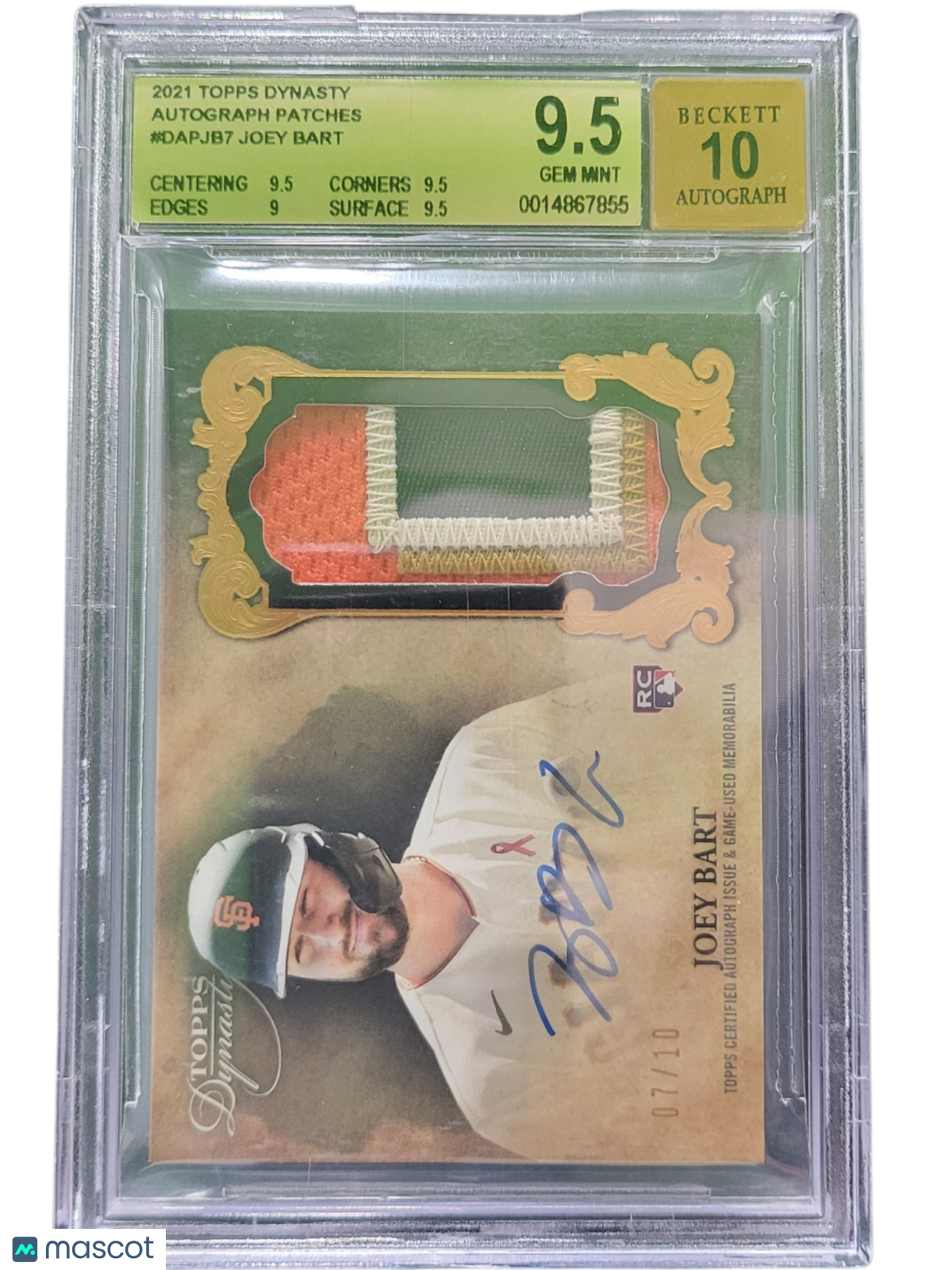 2021 Topps Dynasty Autograph Patches Joey Bart #Dapjb7 BGS 9.5 Auto 10