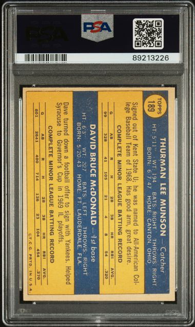 Yankees Rookies Thurman Munson Dave Mcdonald 1970 Topps #189 PSA 7