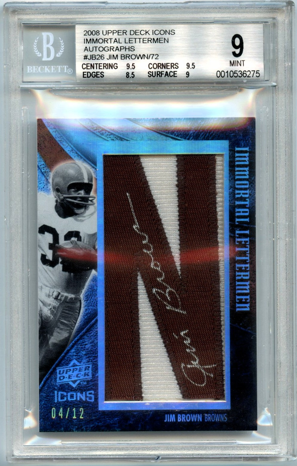 Jim Brown 2008 Upper Deck Icons Immortal Letterman Patch Auto 4/12 #JB26 BGS 9
