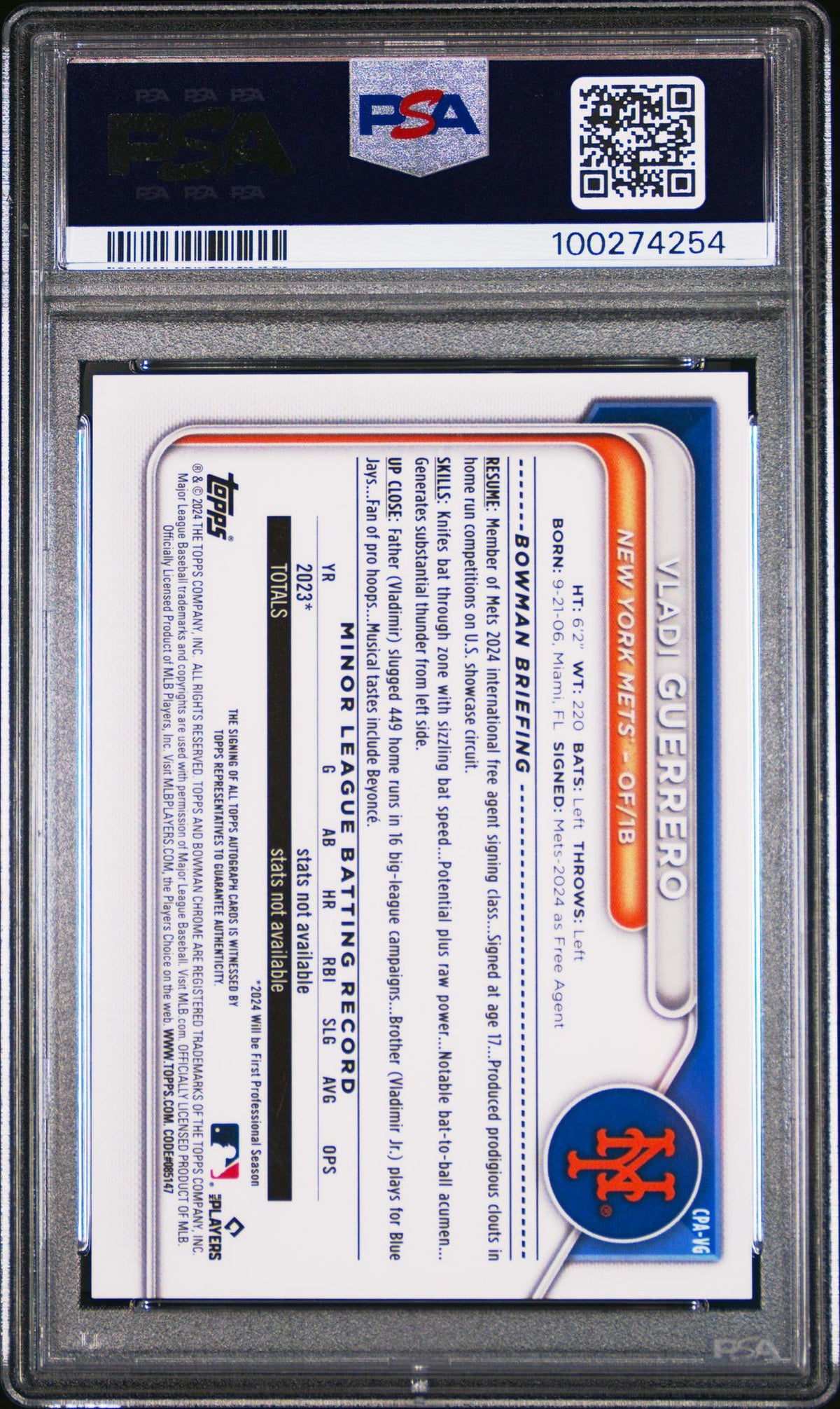 2024 Bowman Chrome Orange Shimmer Vladi Guerrero #Cpa-Vg Auto /25 PSA 10