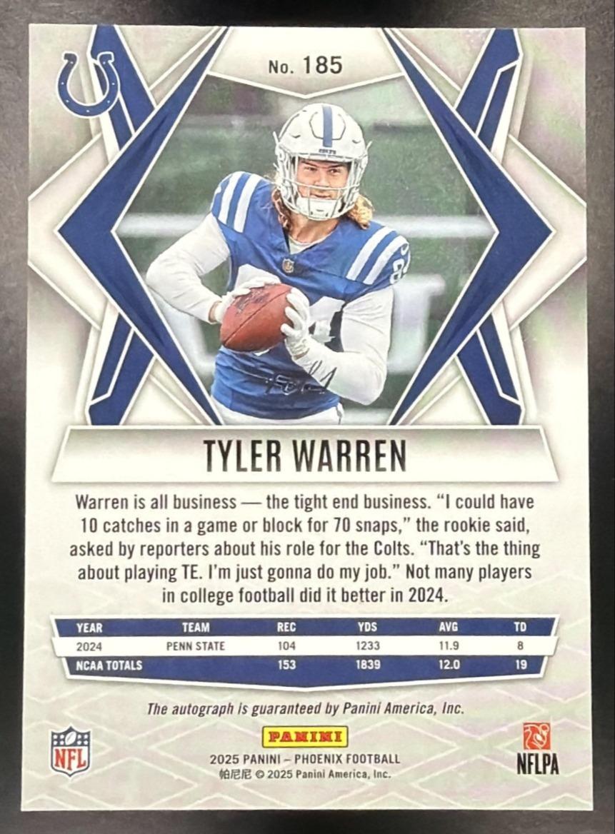 2025 Panini Phoenix Tyler Warren #185 Rookies Auto White Shimmer Prizm 1/1 Rc
