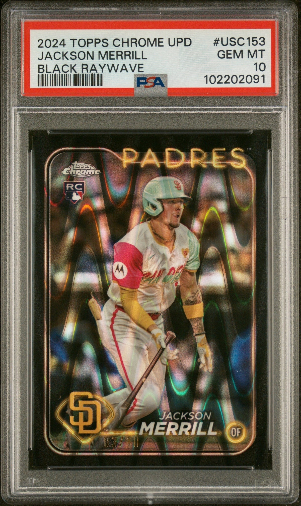2024 Topps Chrome Update Black Raywave Jackson Merrill #Usc153 Rc /10 PSA 10