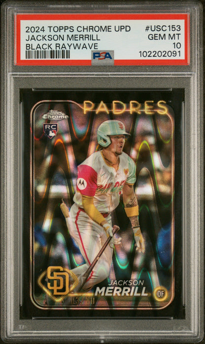 2024 Topps Chrome Update Black Raywave Jackson Merrill #Usc153 Rc /10 PSA 10