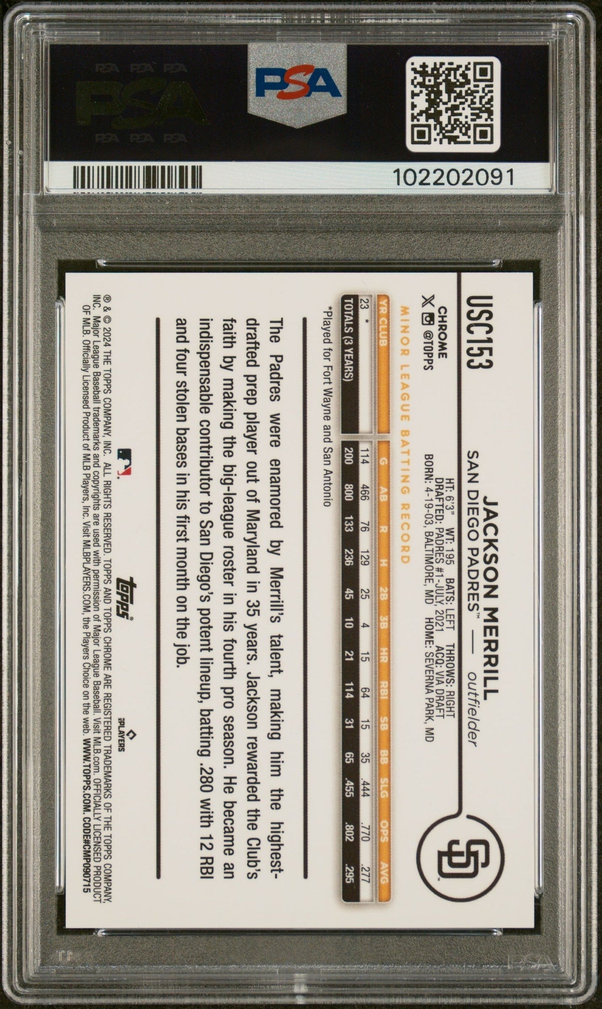 2024 Topps Chrome Update Black Raywave Jackson Merrill #Usc153 Rc /10 PSA 10