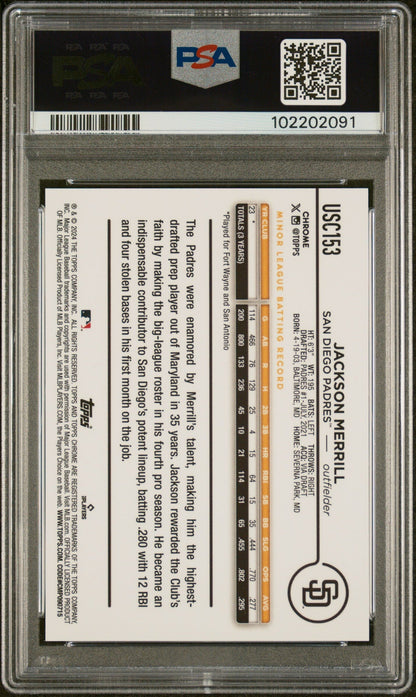 2024 Topps Chrome Update Black Raywave Jackson Merrill #Usc153 Rc /10 PSA 10