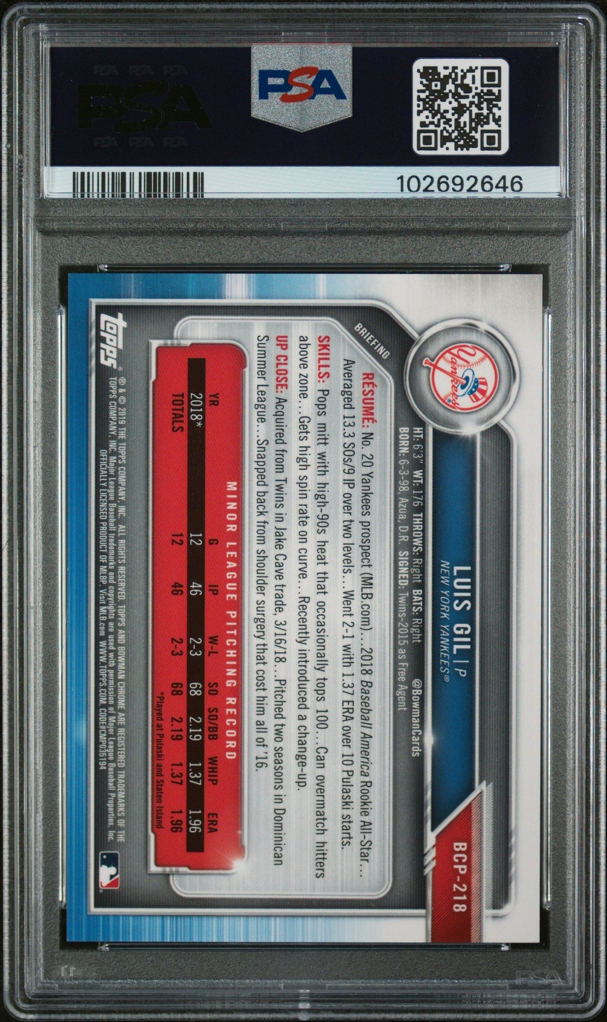 2019 Bowman Chrome Prospects Gold Refractor Luis Gil #Bcp218 /50 PSA 10