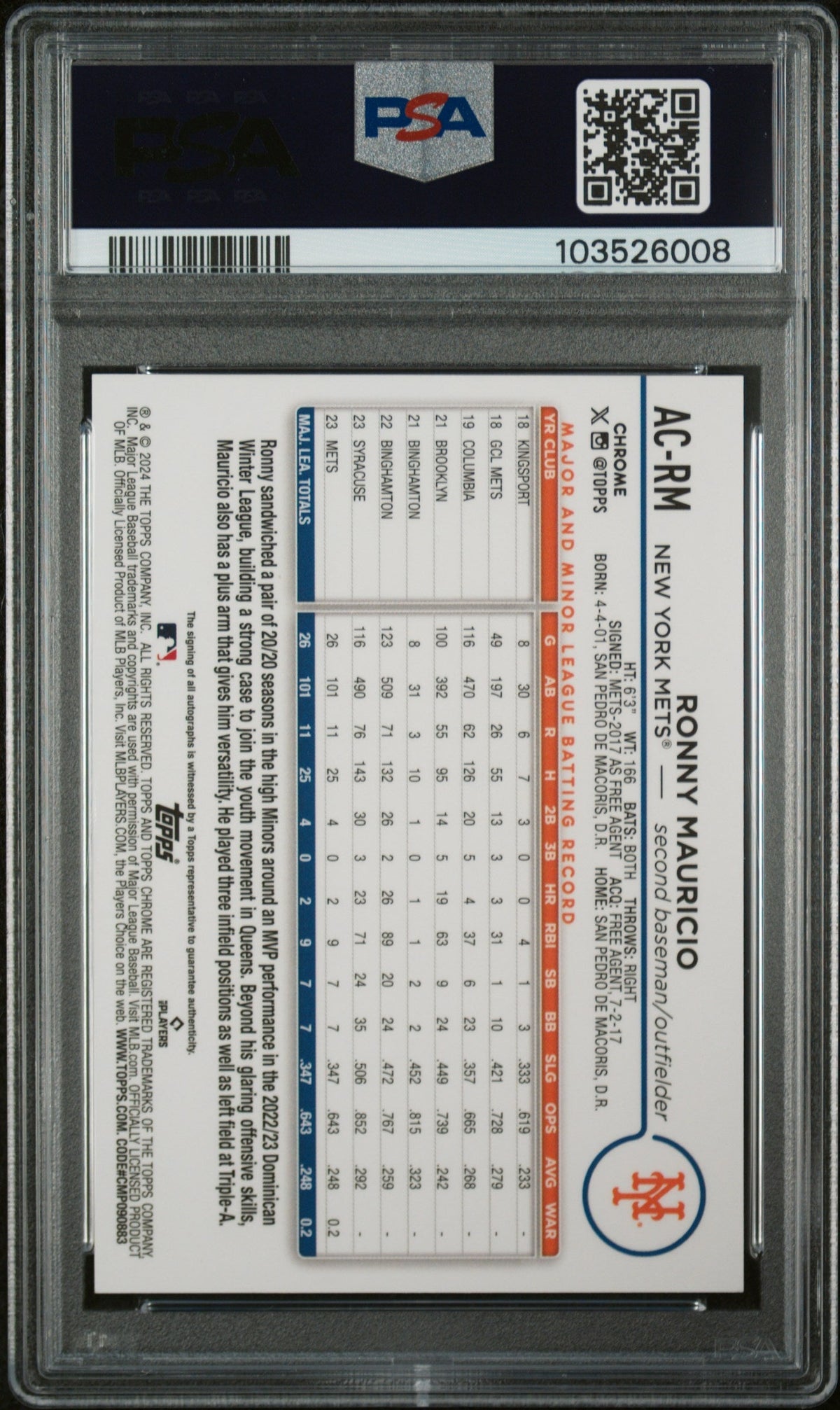 2024 Topps Chrome Update Orange Wave Ronny Mauricio #Ac-Rm Rc Auto PSA 10