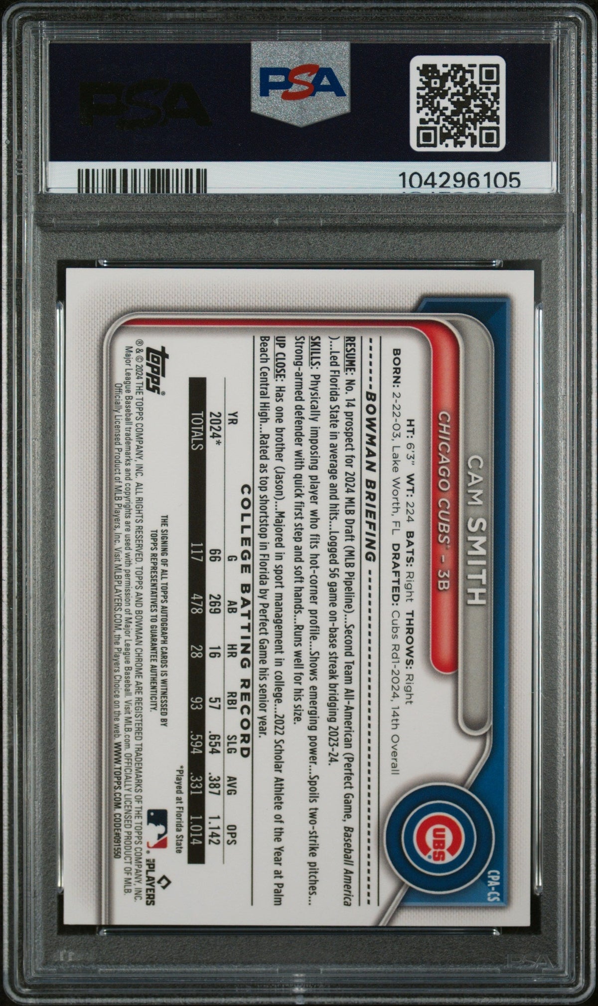 2024 Bowman Draft Sparkle Cam Smith #Cpacs Auto /71 PSA 10