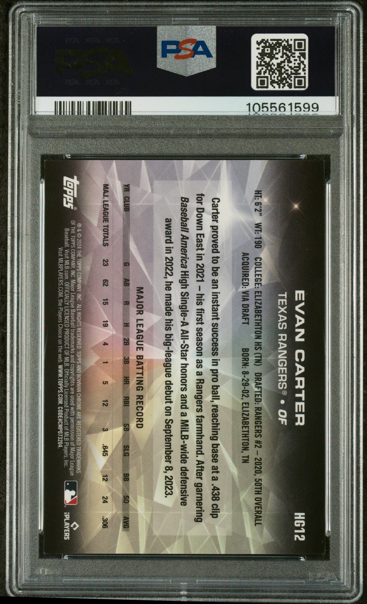2024 Topps Chrome Hidden Gems Evan Carter #Hg12 Rc PSA 9