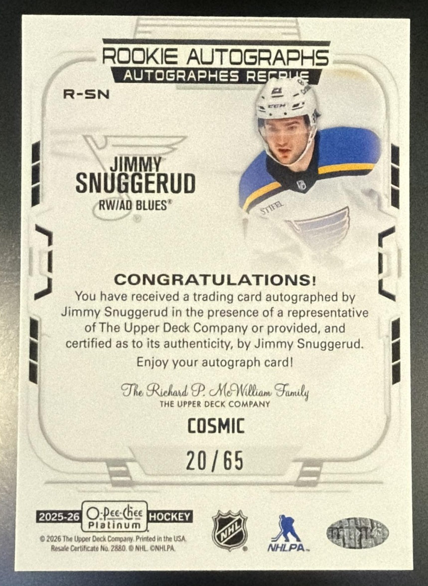 2025 O-Pee-Chee Platinum Jimmy Snuggerud Cosmic Rookie Auto /65