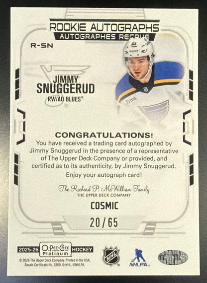 2025 O-Pee-Chee Platinum Jimmy Snuggerud Cosmic Rookie Auto /65