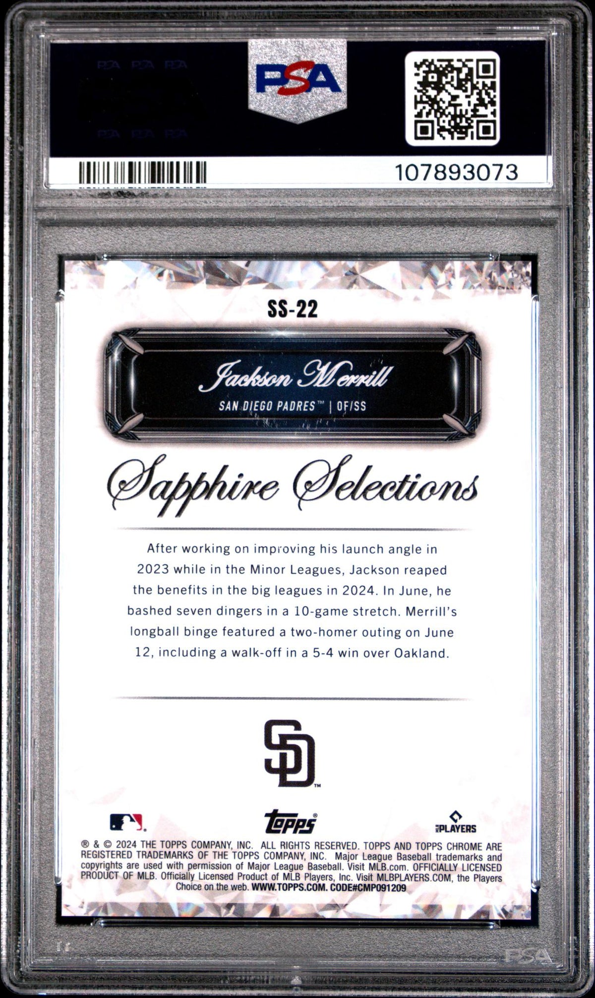 2024 Topps Chrome Sapphire Sapphire Selections Update-Red Jackson Merrill #Ss22 PSA 10