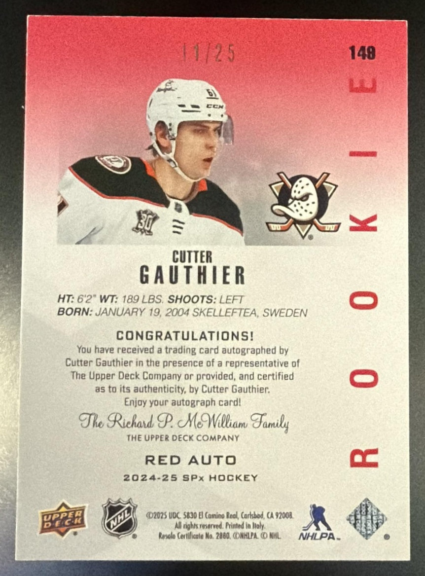 2024 Spx #148 Cutter Gauthier Rookie Red Auto /25