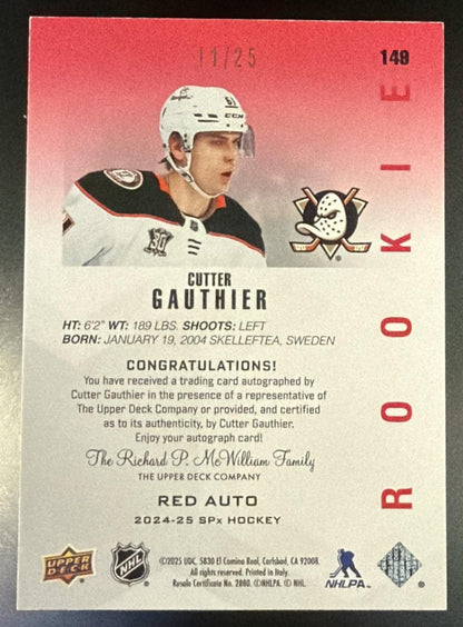 2024 Spx #148 Cutter Gauthier Rookie Red Auto /25