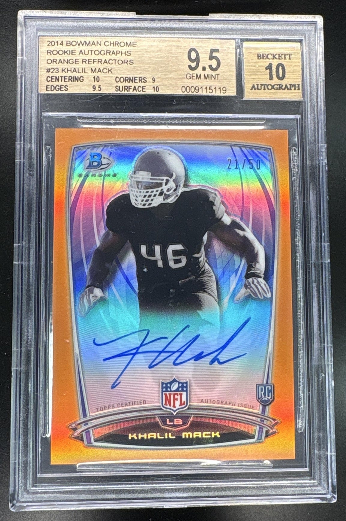 2014 Bowman Chrome #23 Khalil Mack Rookie Rc Orange Refractor Auto /50 BGS 9.5