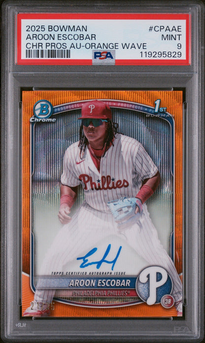 2025 Bowman Chrome Prospect Autographs Orange Wave Aroon Escobar #Cpaae /25 PSA 9