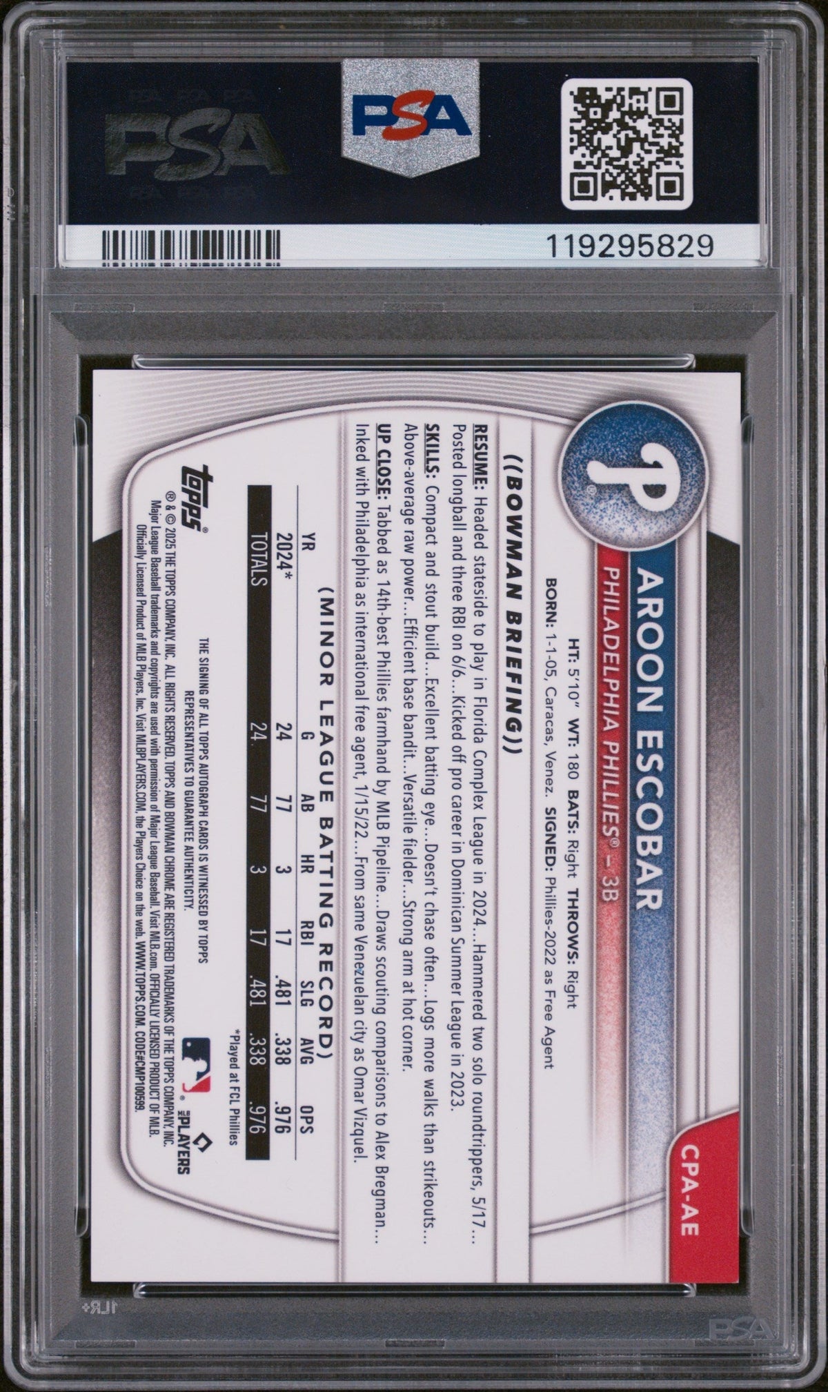 2025 Bowman Chrome Prospect Autographs Orange Wave Aroon Escobar #Cpaae /25 PSA 9