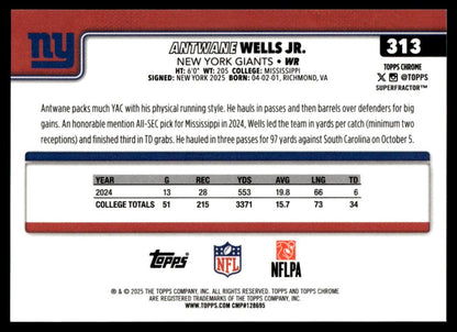 2025 Topps Chrome #313 Antwane Wells Jr. Rookie Gold Etch Superfractor 1/1
