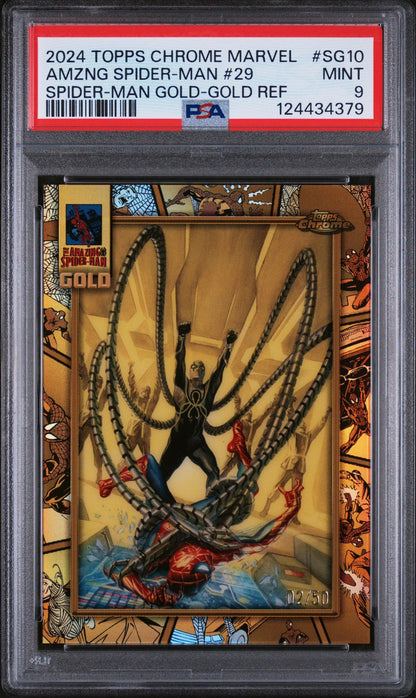 2024 Topps Chrome Marvel Spider-Man Gold Spider-Man Gold-Gold Ref Amzng Spider Man #Sg10 /50 PSA 9