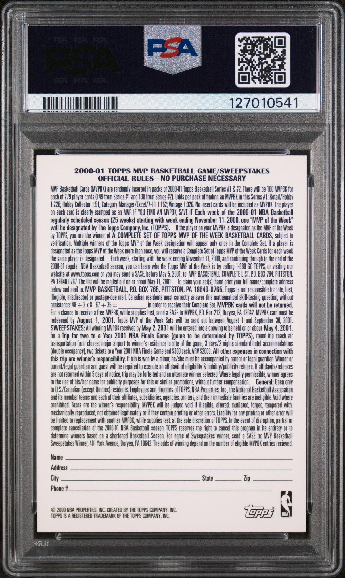 2000 Topps Mvp Promotion-Unredeemed Kevin Garnett PSA 9