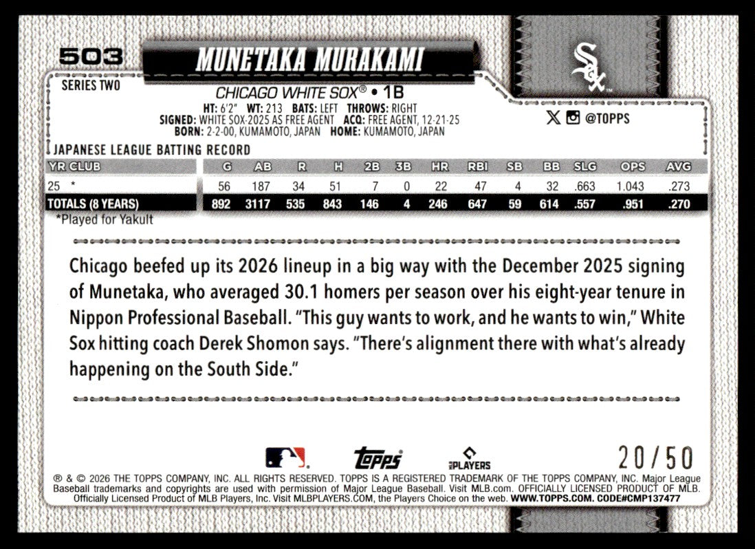 2026 Topps Series 2 #503 Munetaka Murakami Rookie Rc True Gold Refractor /50
