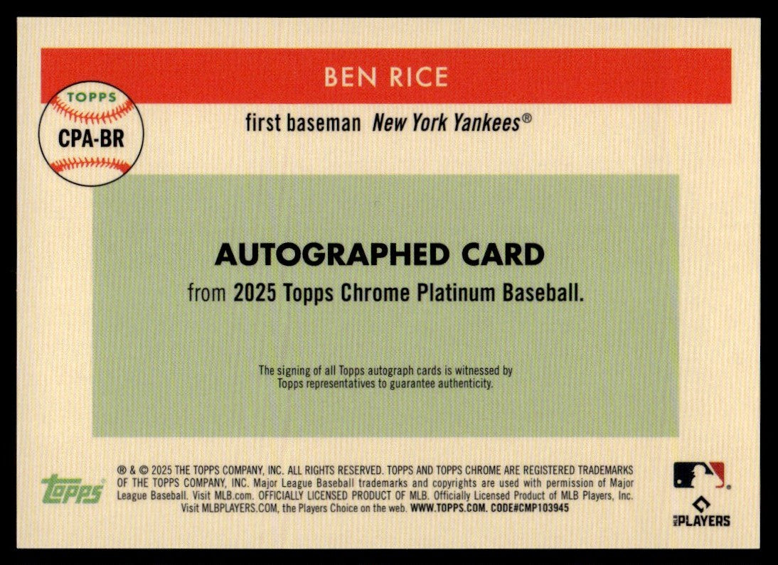 2025 Topps Chrome Platinum Ben Rice True Orange Rookie Rc Auto /25