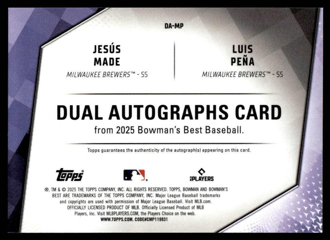 2025 Bowman's Best Jesús Made/Luis Peña Rookie Rc Dual Auto Gold /50
