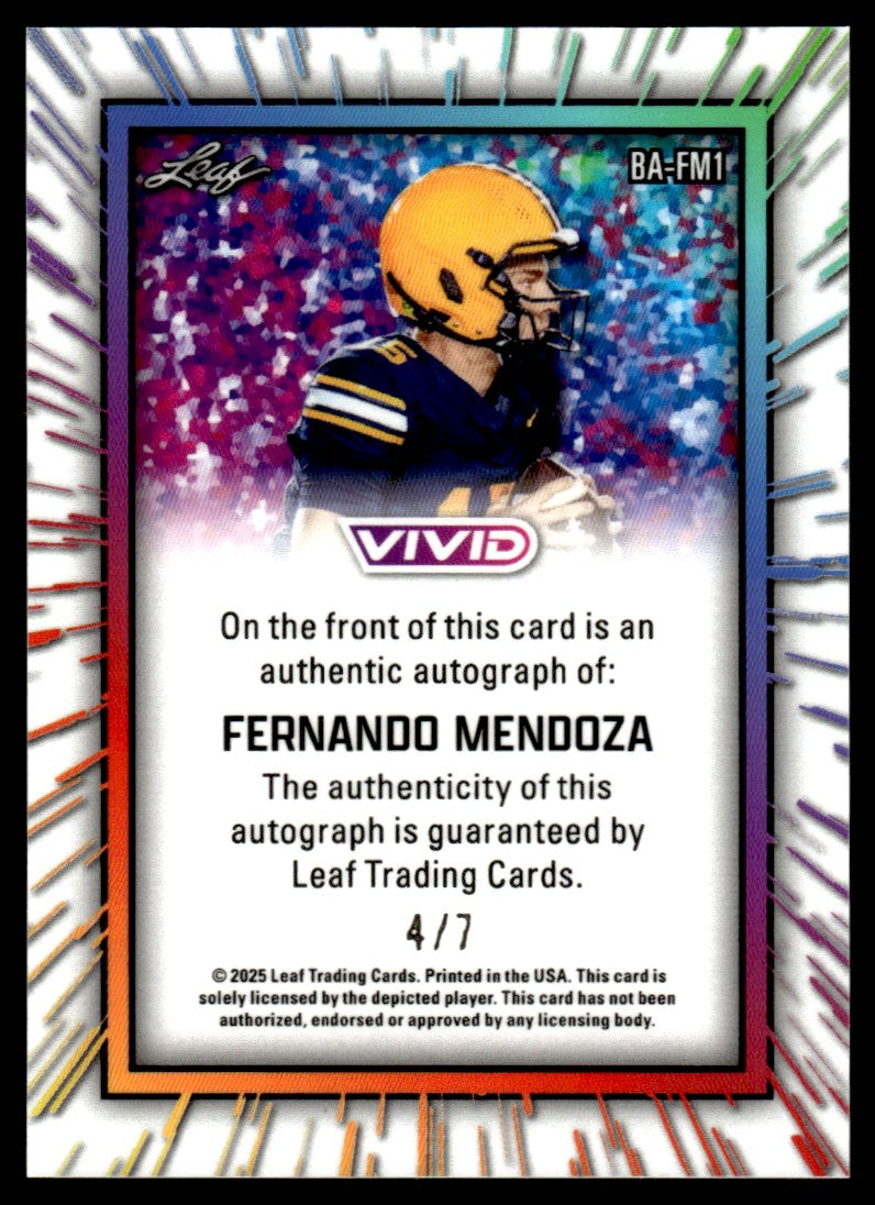 2025 Leaf Vivid Fernando Mendoza Rookie Rc Auto /7