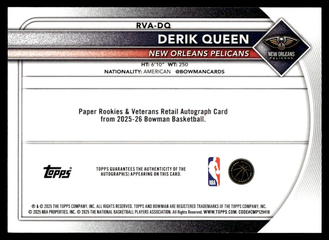 2025-26 Bowman Derik Queen Rookie Rc True Red Auto /5