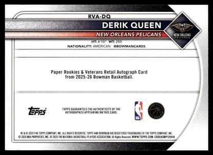 2025-26 Bowman Derik Queen Rookie Rc True Red Auto /5
