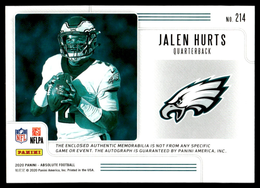 2020 Absolute #214 Jalen Hurts Rookie Rc Premiere Patch Auto /49