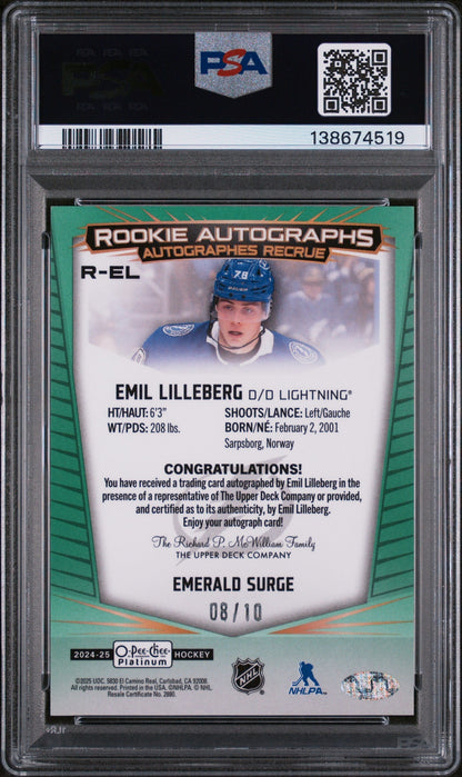 2024 Upper Deck O-Pee-Chee Platinum Rookie Autographs Emerald Surge Emil Lilleberg #Rel /10 PSA 10 138674519