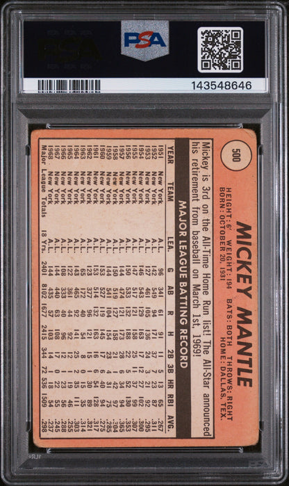 1969 Topps Yellow Letters Mickey Mantle #500 PSA 1