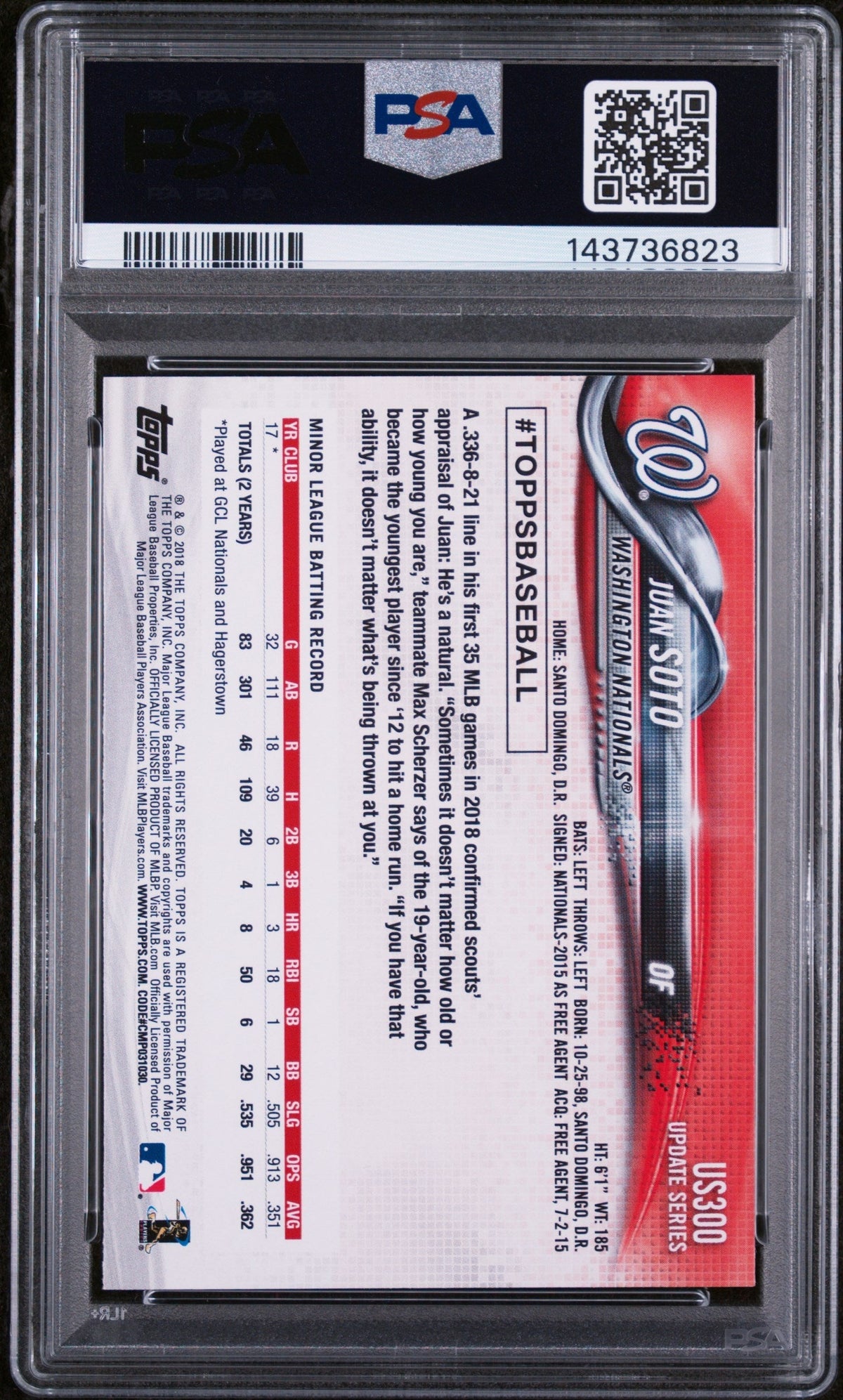 2018 Topps Update Variation, Sp Juan Soto #Us300a PSA 9
