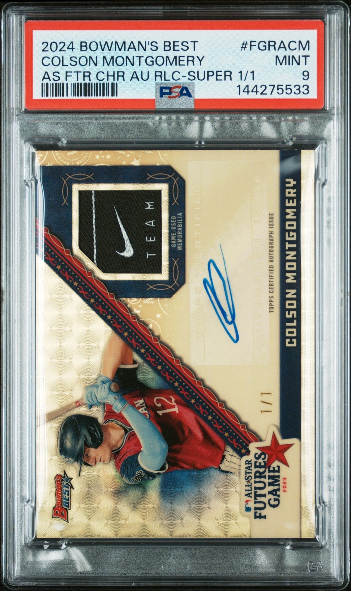 2024 Bowman's Best 2024 MLB All-Star Futures Game Chrome Autograph Relics Superfractor 1/1 Colson Montgomery #Fgracm PSA 9