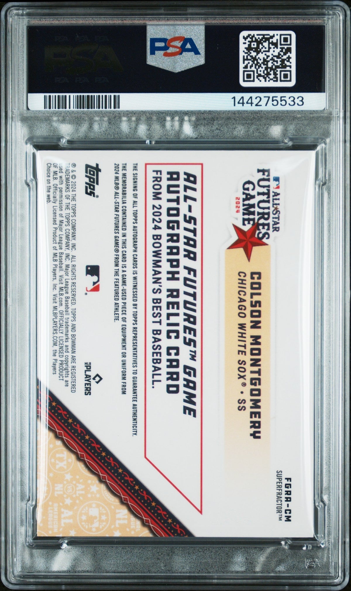 2024 Bowman's Best 2024 MLB All-Star Futures Game Chrome Autograph Relics Superfractor 1/1 Colson Montgomery #Fgracm PSA 9