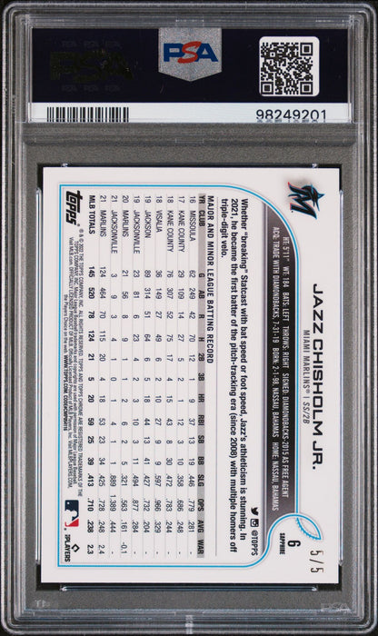 2022 Topps Chrome Sapphire Edition Red Jazz Chisholm Jr. #6 /5 5/5 PSA 10