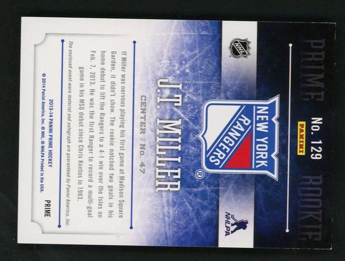 2012 Panini Prime 129 J.T. Miller Prime Rookies Rookie /199 New York Rangers Auto