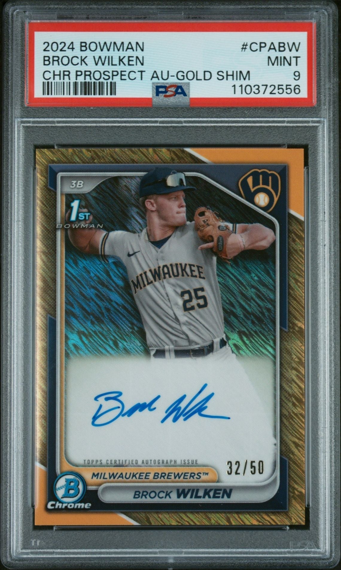 2024 Bowman Chrome Prospect Autograph Gold Shimmer Refractor Brock Wilken #Cpabw /50 PSA 9