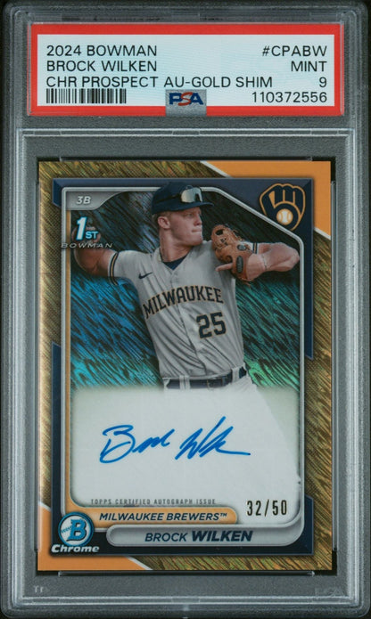 2024 Bowman Chrome Prospect Autograph Gold Shimmer Refractor Brock Wilken #Cpabw /50 PSA 9