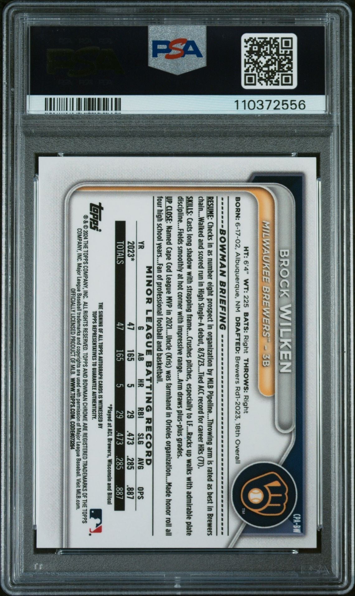 2024 Bowman Chrome Prospect Autograph Gold Shimmer Refractor Brock Wilken #Cpabw /50 PSA 9