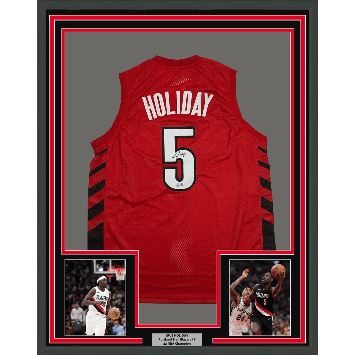 Framed Autographed/Signed Jrue Holiday 35x39 Portland Red Basketball Jersey Beckett BAS COA
