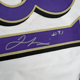 Framed Autographed/Signed Jamal Lewis 35x39 Baltimore White Football Jersey Beckett BAS COA