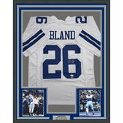 Framed Autographed/Signed Daron Bland 35x39 Dallas White Football Jersey JSA COA