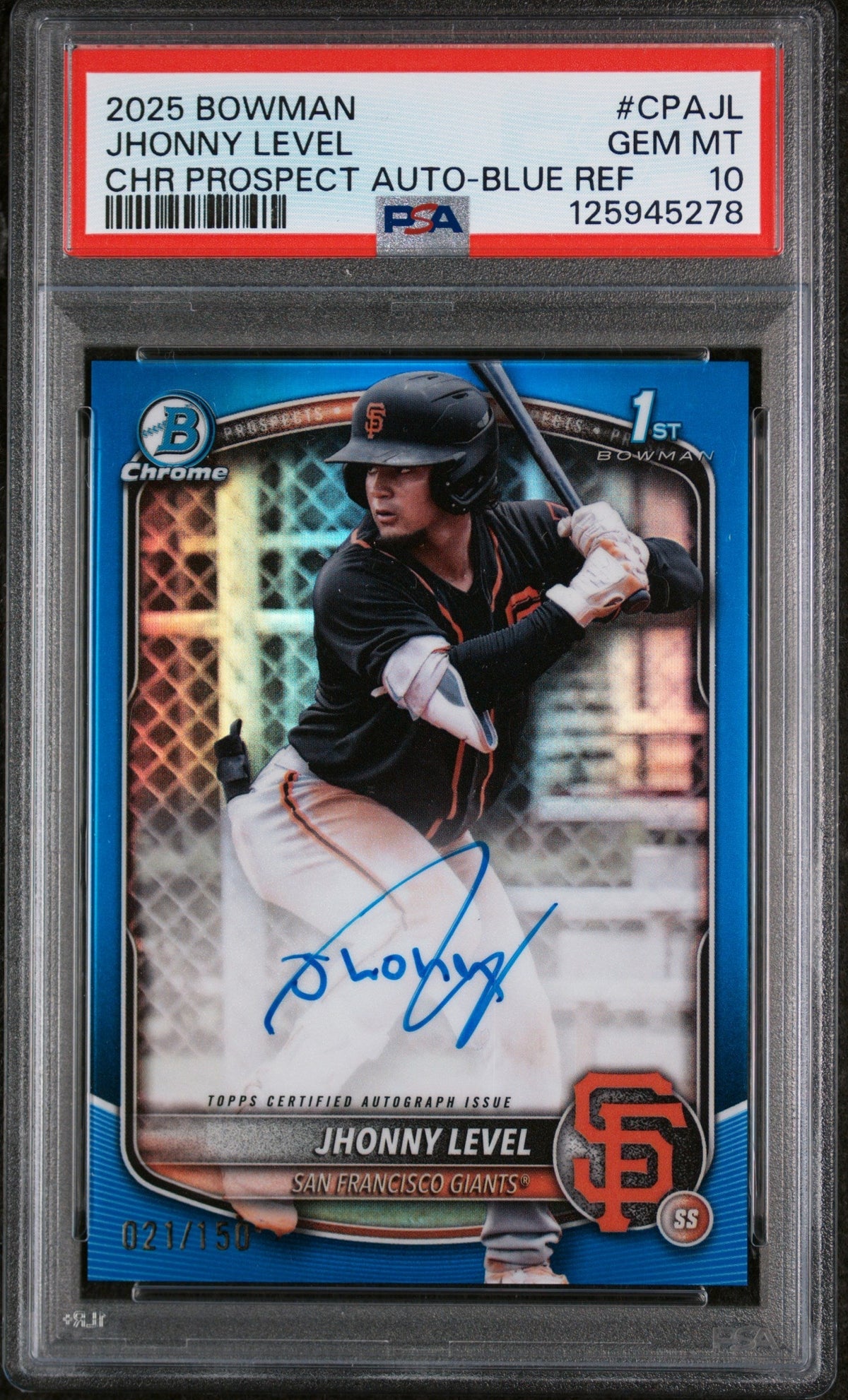 2025 Bowman Chrome Prospect Autograph Blue Refractor Jhonny Level #Cpajl /150 PSA 10