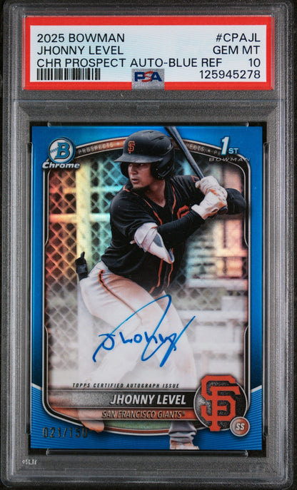 2025 Bowman Chrome Prospect Autograph Blue Refractor Jhonny Level #Cpajl /150 PSA 10